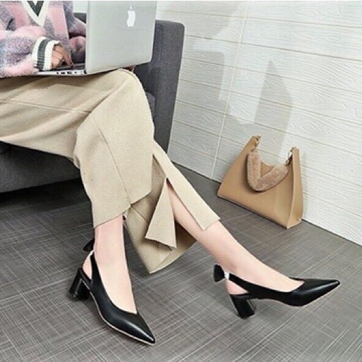 Giày cao gót 5P mũi nhọn quai chun Nơ Mã BBC9