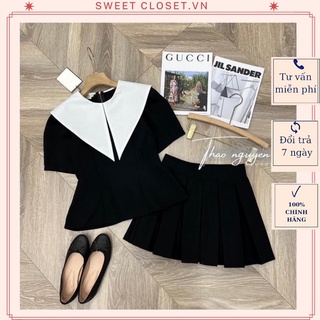 Set váy áo đen cổ nhọn trắng phối chân váy xếp ly ngắn chất liệu mango mềm, set váy hai chi tiết áo kèm chân váy đen
