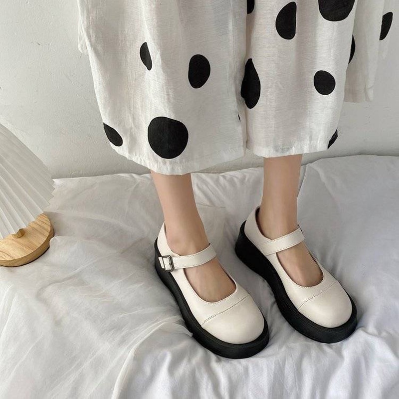 Giày Lolita Nữ Ulzzang Hàn Quốc Mũi Đen Trắng Quai Ngang Đế Cao LLT003-ZOEE