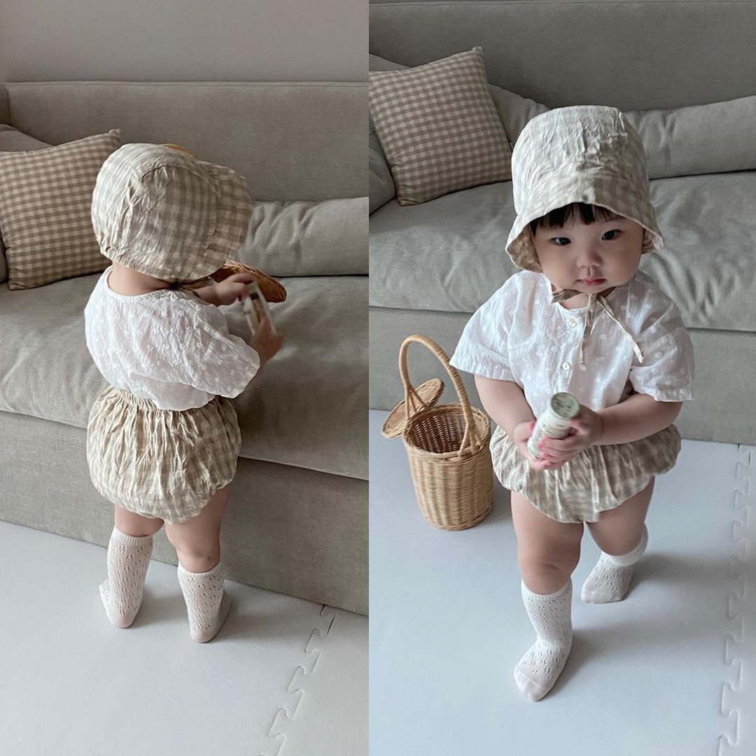 Summer Newborn Baby Girls Clothing Set Embroidered t Shirt Tops and Checked Shorts Outfits Korean style Toddler suits with Hats