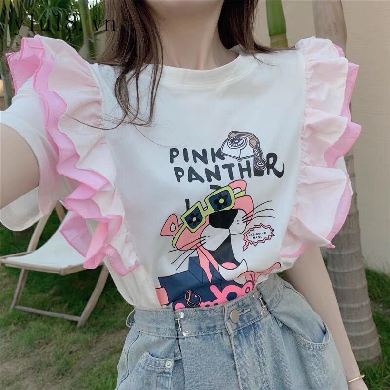 Áo Thun Tay Ngắn Chất Cotton In Họa Tiết Hoạt Hình Phối Bèo Thời Trang 2022 Cho Nữ