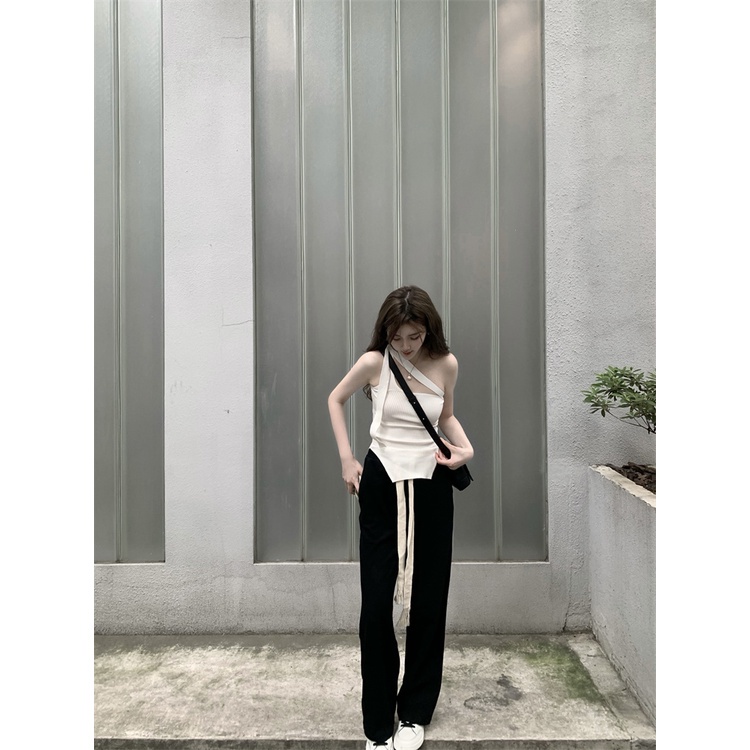 Quần Dài Thể Thao Lưng Thun Ống Rộng Rãi Màu Đen Thời Trang Hàn Quốc Sành Điệu Cho Nữ