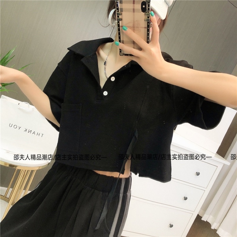 Bom tấn - Áo thun nữ croptop cổ Polo - Thiết kế buộc nơ bên eo - Dáng ngắn rộng free size
