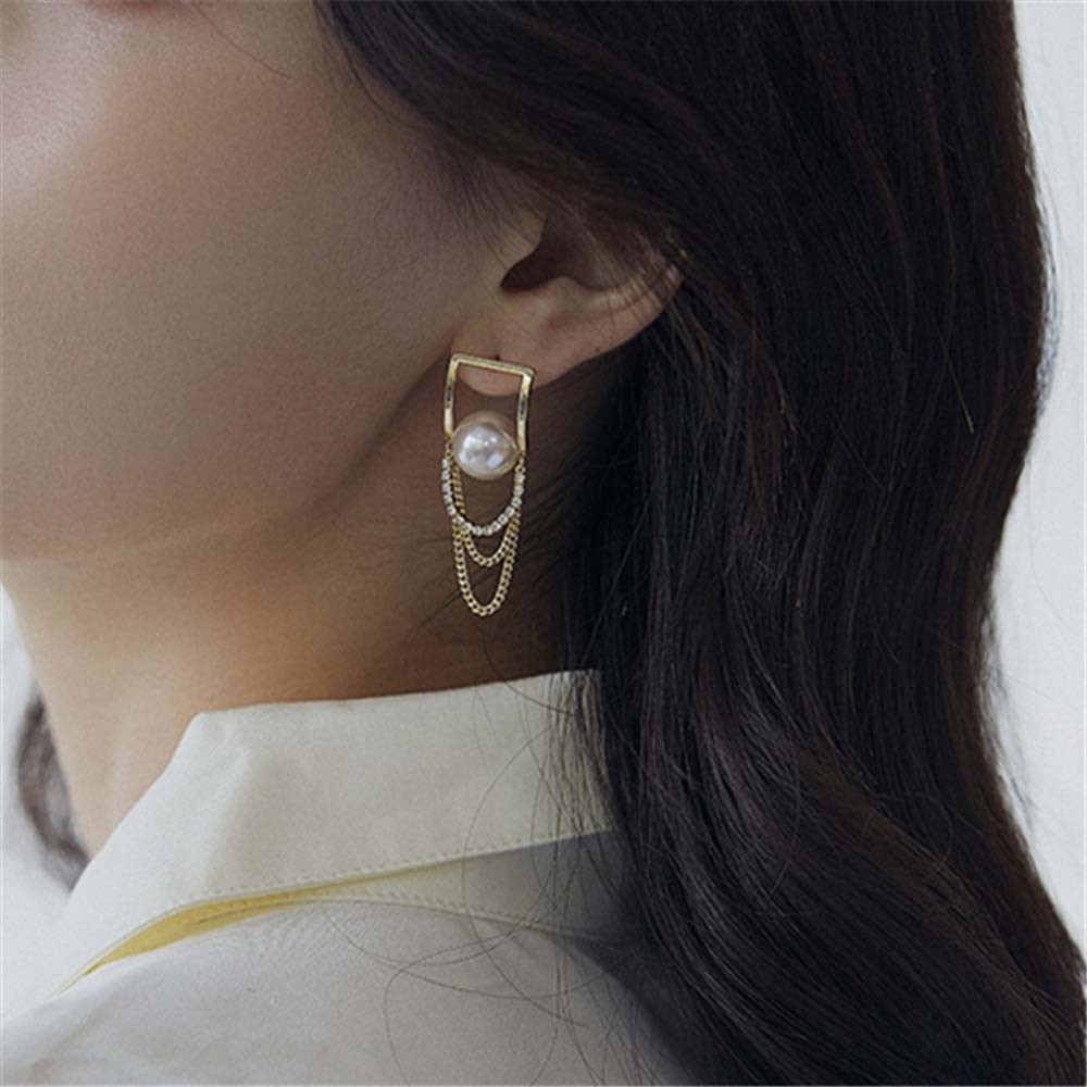 MXGOODS Temperament Pearl Stud Earrings Cool Style Fashion Jewelry Long Chain Earrings Women Trendy Tassel Korean Girls Simple Copper/Multicolor