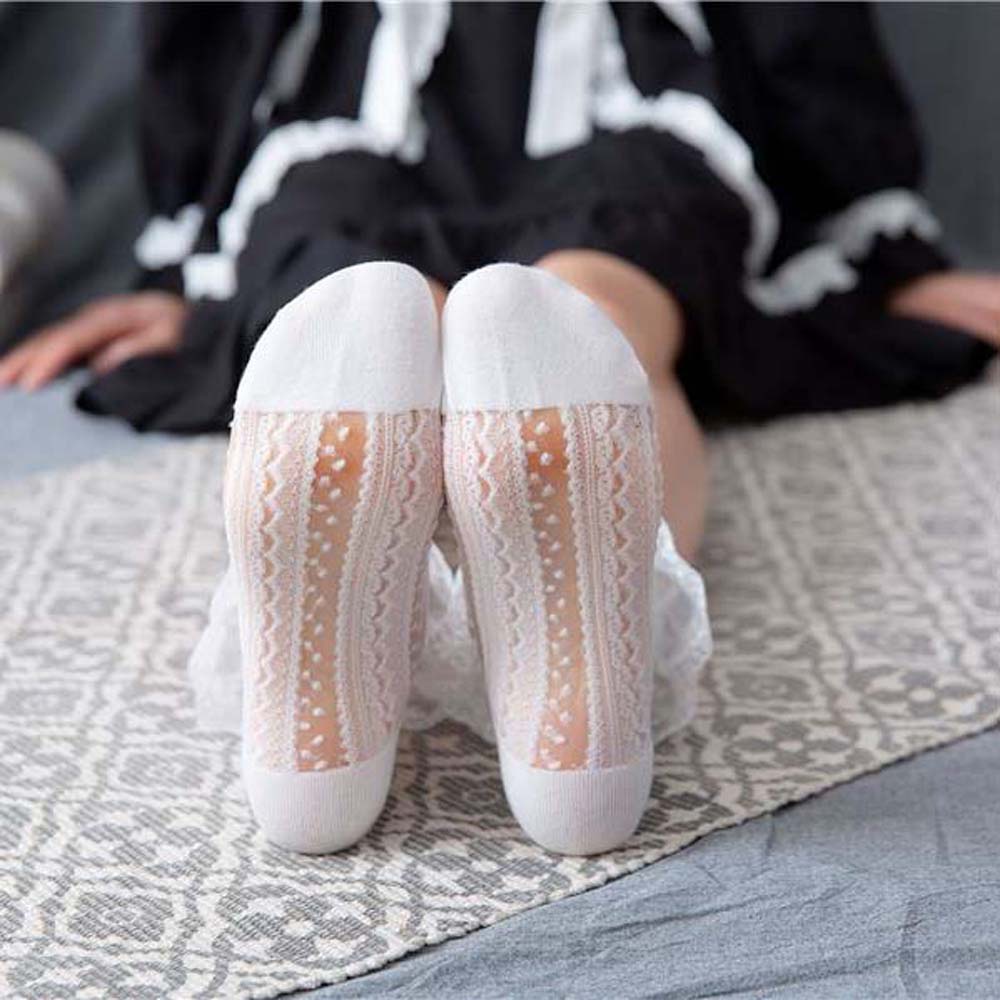 Vớ dài bằng lụa mỏng họa tiết chấm bi phối ren phong cách Nhật Bản cho nữ