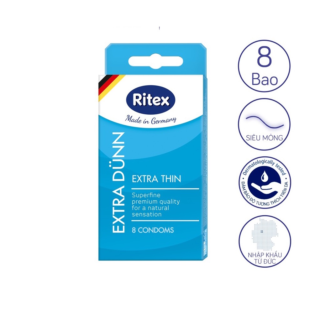 Bao cao su siêu mỏng Ritex Extra Dünn, bao cao su cao cấp chính hãng nhập khẩu Đức(Hộp 8 chiếc)