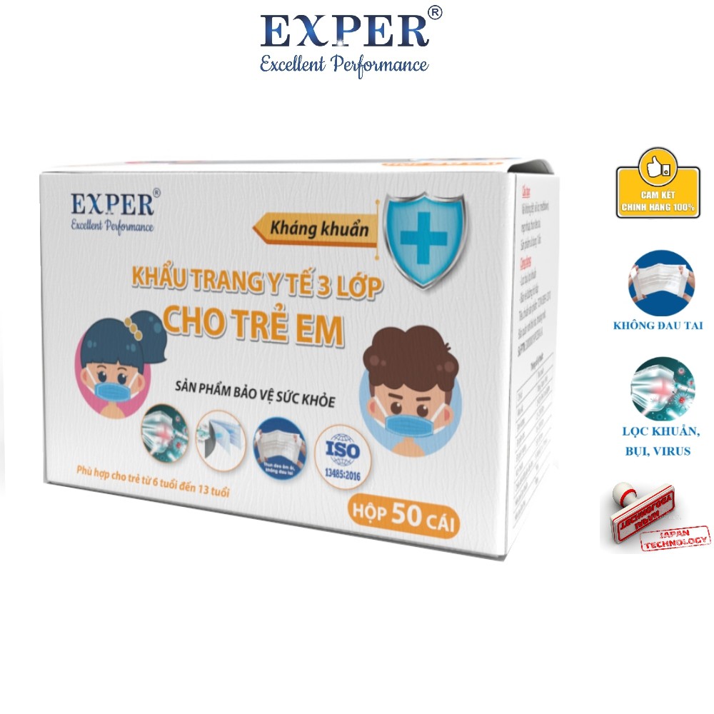 Khẩu trang y tế trẻ em EXPER khẩu trang y tế cho bé 3 lớp kháng khuẩn công nghệ Nhật không đau tai hộp 50 cái Exper