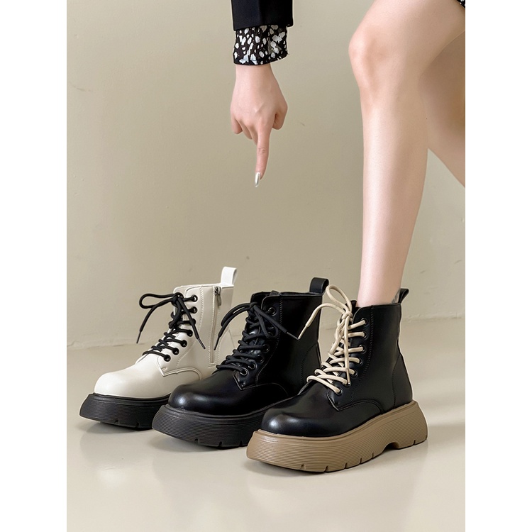 BOOTS Martin đế dày 4cm không trơn trượt da không nhăn khóa kéo phong cách Anh 2022