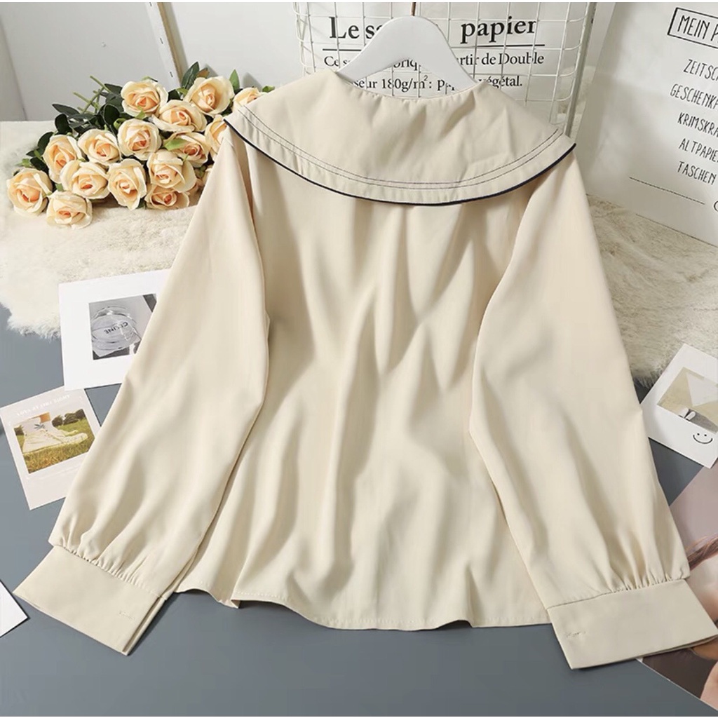 Áo sơ mi cổ bèo viền chỉ thắt nơ 2 màu ulzzang