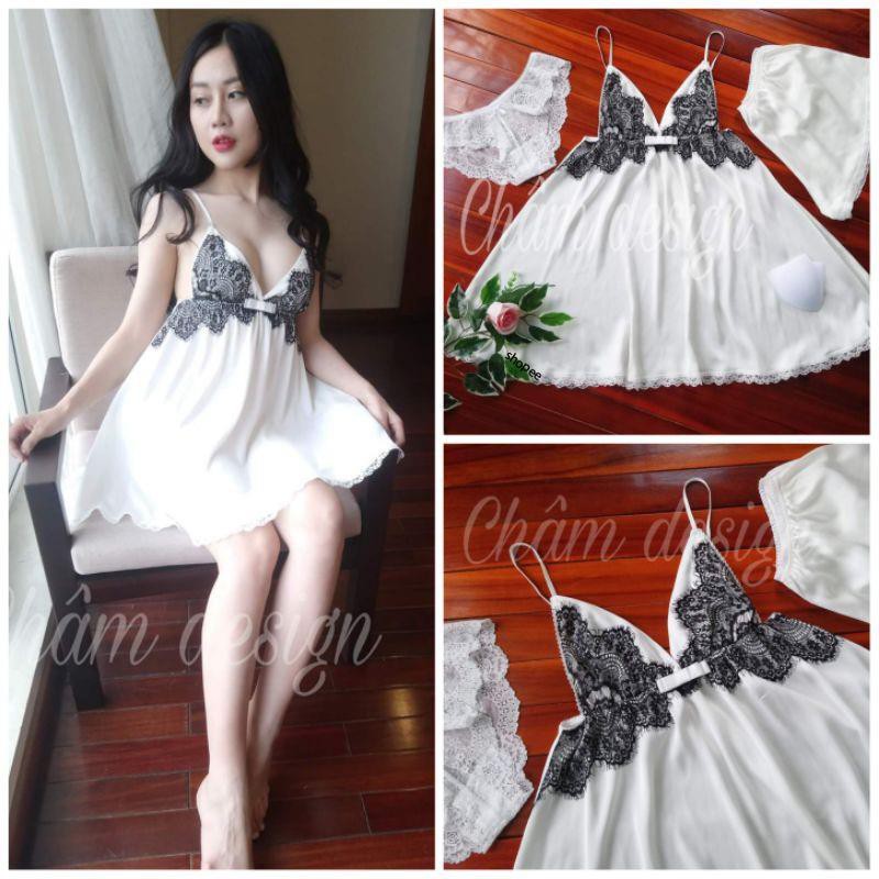 váy ngủ lụa satin trắng ốp ren mi đen gắn nơ hàng thiết kế độc quyền