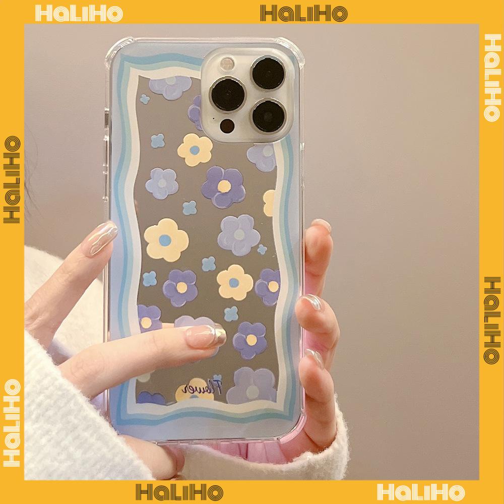 iPhone Case Acrylic HD Mirror Laser Airbag Shockproof Protection Camera Cute Blue Flowers Compatible For iPhone 11 iPhone 13 Pro Max iPhone 12 Pro Max iPhone 7 Plus iPhone xr xs