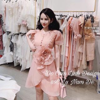 Đầm tơ hàn đính ngọc eo tag hoa to tay ngắn!