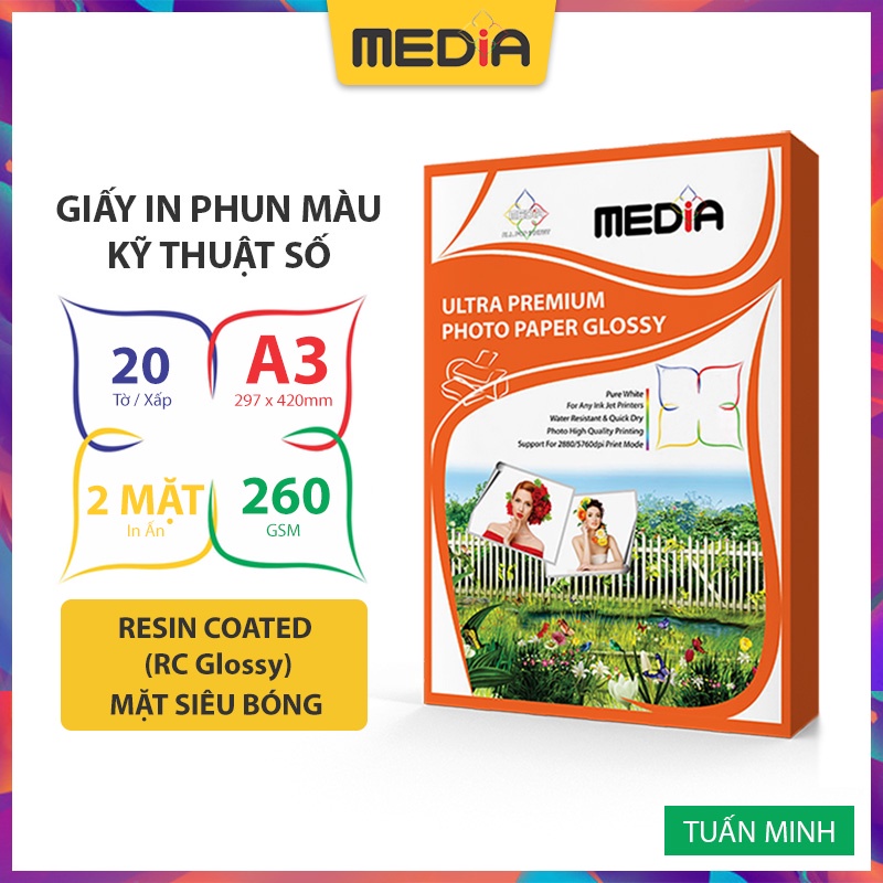 Giấy In Phun Màu Media Inkjet 2 Mặt Siêu Bóng (Resin Coated Glossy), A3 260gsm 20 Tờ, Dùng Cho Tất Cả Máy In Phun Màu