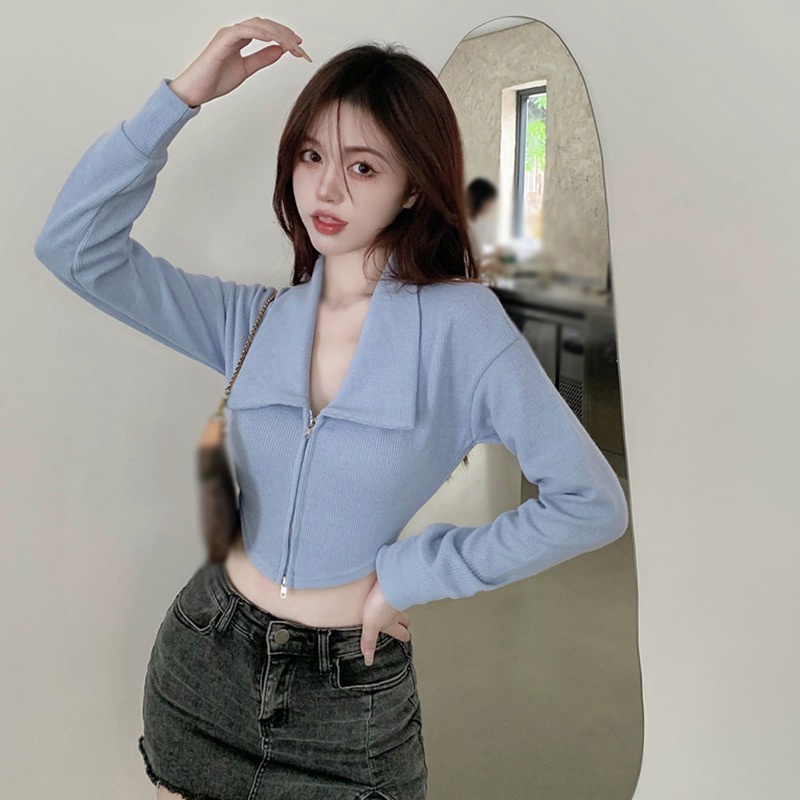 Áo Thun Croptop Tay Dài Có Khóa Kéo Màu Sắc Trơn Dành Cho Nữ