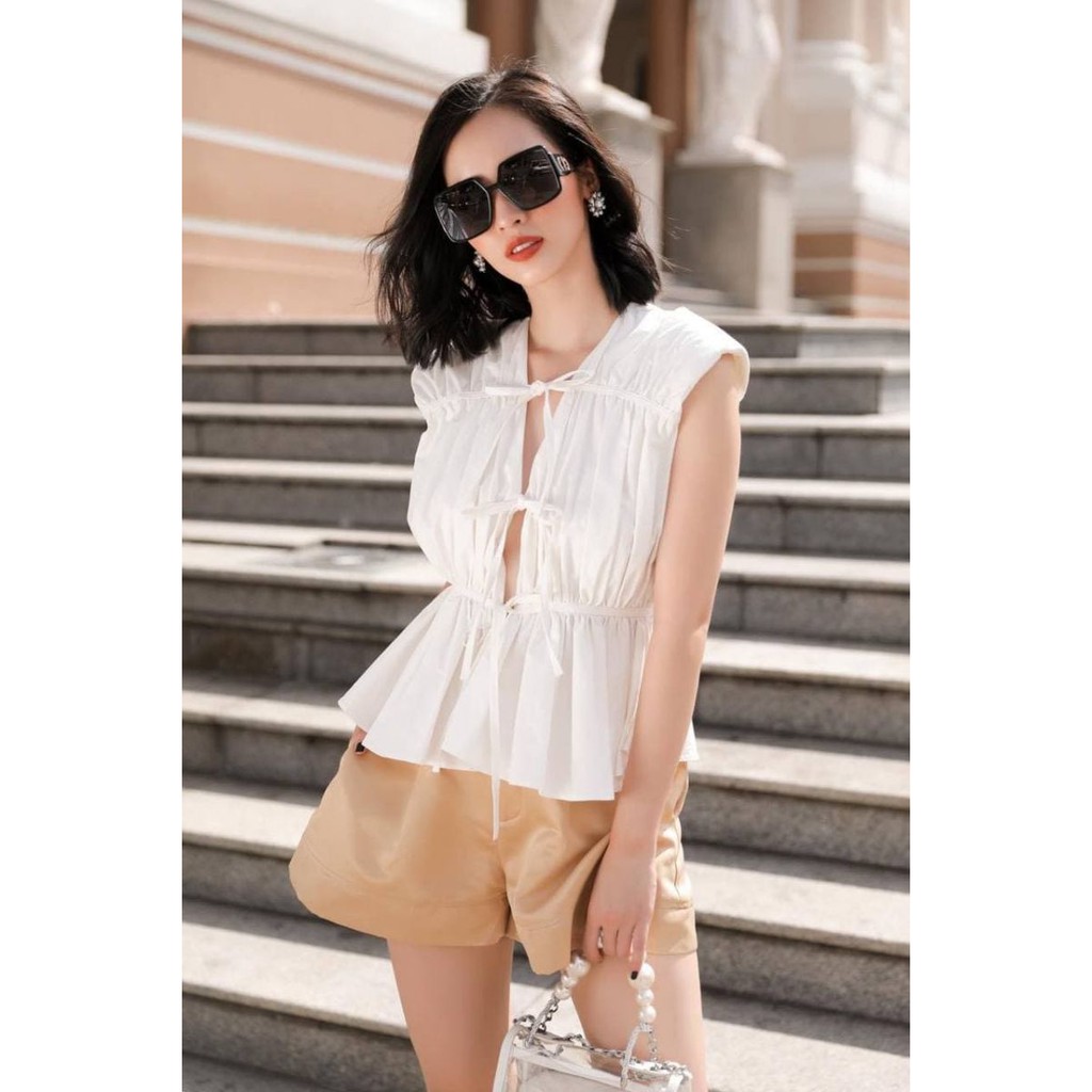 Áo Peplum Xếp Nhún Thắt Dây Sợi Mảnh