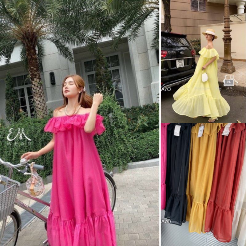 Đầm Maxi Đi Biển Váy Suông Tơ Trễ Vai Bèo Ngực Dáng Dài Form Rộng Bèo Đuôi Cá Kèm Hình Thật