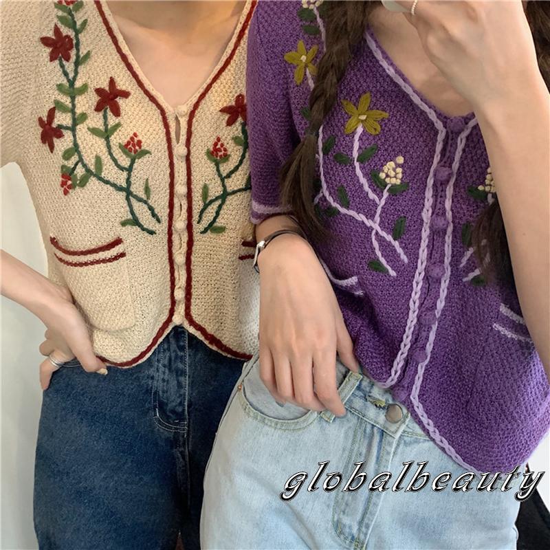 Áo Cardigan Tay Ngắn Cổ Chữ V Thêu Họa Tiết Thời Trang Cho Nữ