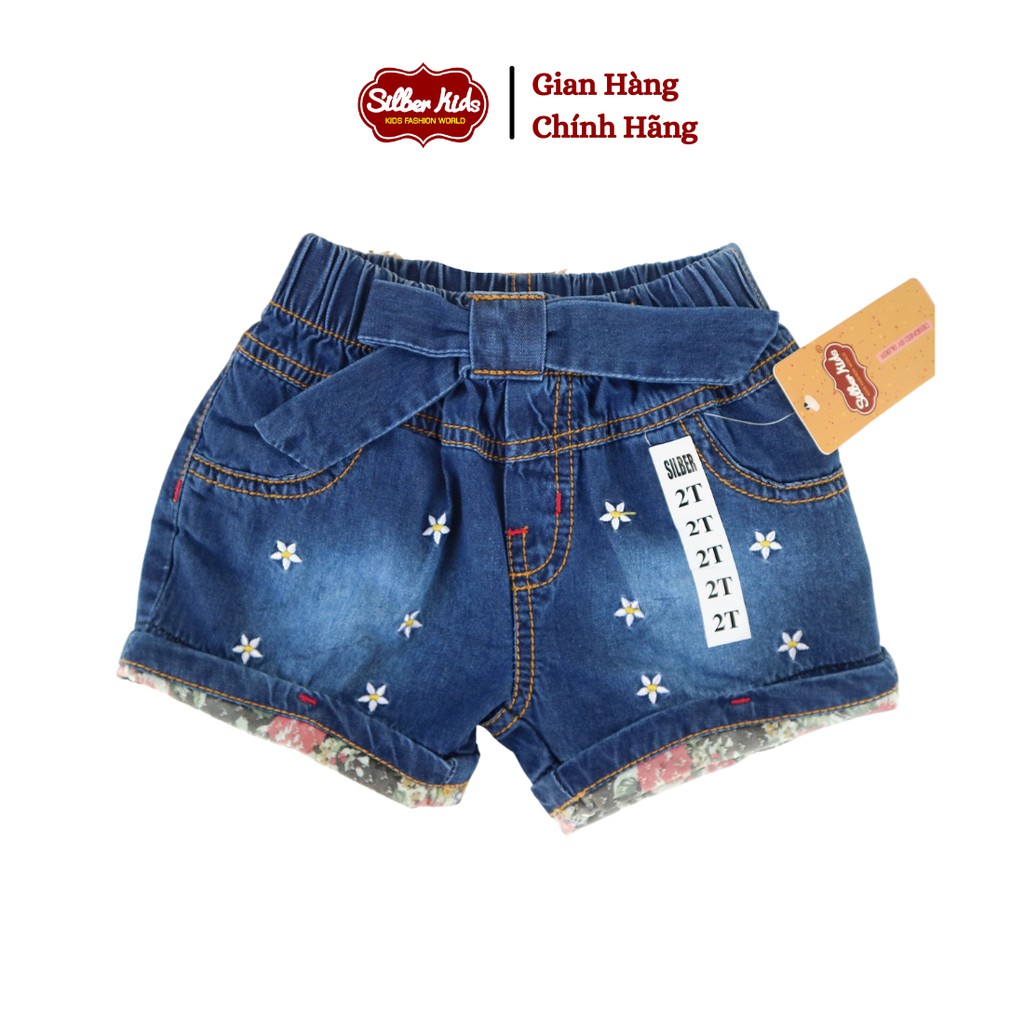 [Mã BMBAU50 giảm 7% đơn 99K] Quần Short Jean Bé Gái Thêu Hoa Nhí Đính Nơ Eo SILBER KIDS