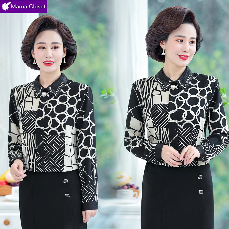 #C6021 ÁO SƠ MI HỌA TIẾT THỜI TRANG, CỔ ĐÍNH ĐÁ THANH LỊCH SANG TRỌNG CHO MẸ, HÀNG THU ĐÔNG MỚI QUẢNG CHÂU HOT 2021