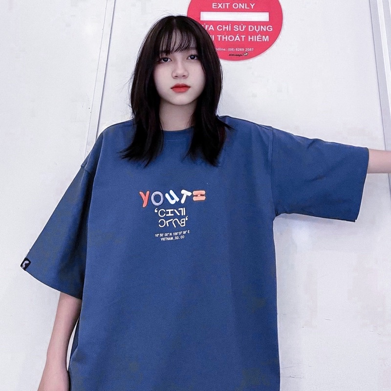 Áo Thun Tay Lỡ Unisex YOUTH màu XANH  Form Nam Nữ Unisex - Kiểu áo phông cổ tròn form rộng
