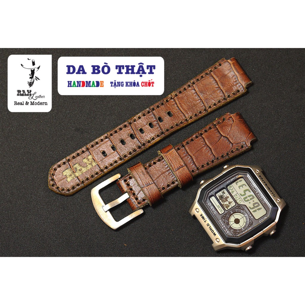 Dây đồng hồ RAM Leather 1928 cho CASIO 1200, AE 1200, 1300, 1100, A159 , A168 , Size 18 da bò vân cá sấu