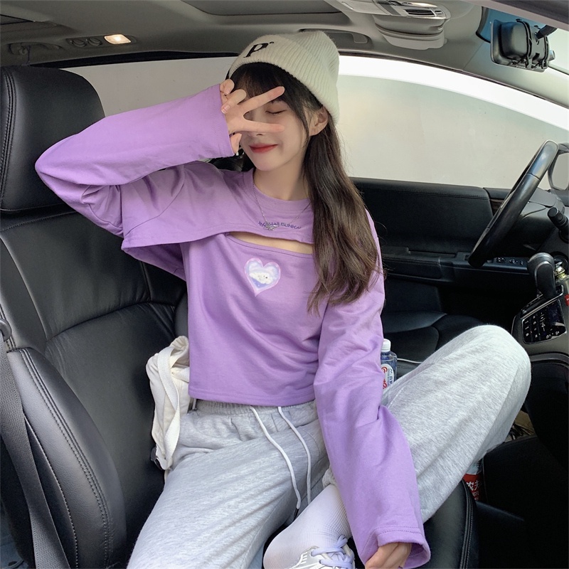 【ZHELIHANGFEI】Áo Thun Tay Dài Form Rộng Lưng Cao Dễ Phối Đồ