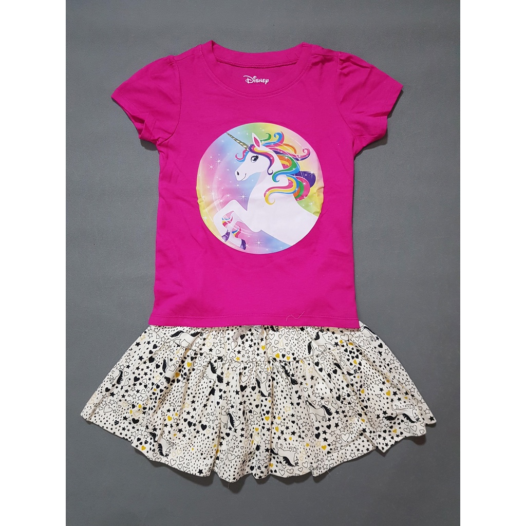 Bộ áo thun cotton váy quần in ngựa unicorn bé gái