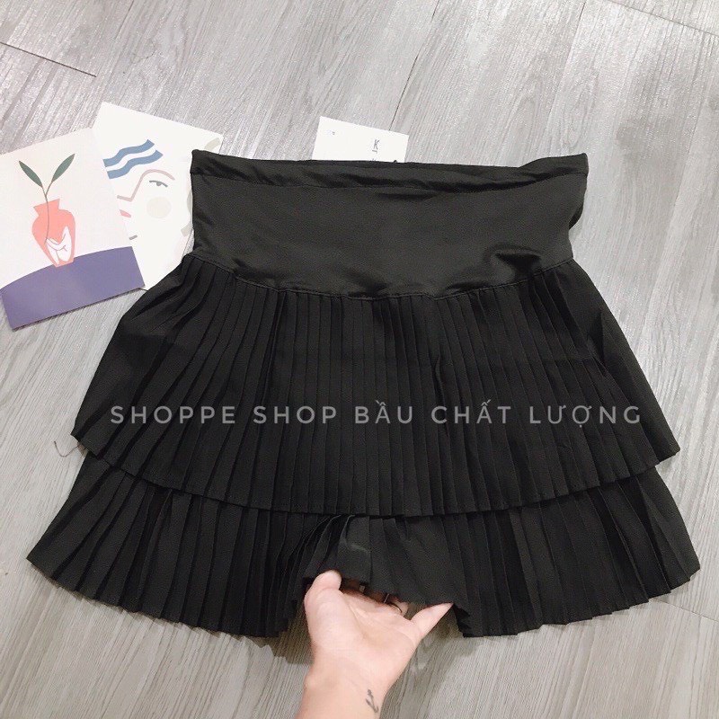 Chân váy bầu xếp li 2 tầng thời trang bầu teen màu nâu,đen (Ảnh thật phía sau)