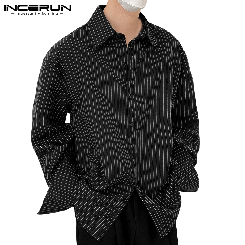 Áo sơ mi Incerun tay dài họa tiết kẻ sọc phong cách Hàn Quốc thời trang thích hợp cho nam