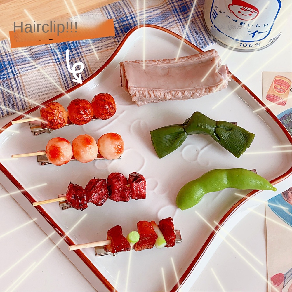 Kẹp Tóc Sườn Heo Mô Phỏng Thực Phẩm Xiên Que Vui Nhộn Kẹp Tóc Nướng Cá Tính Sáng Tạo Mũ