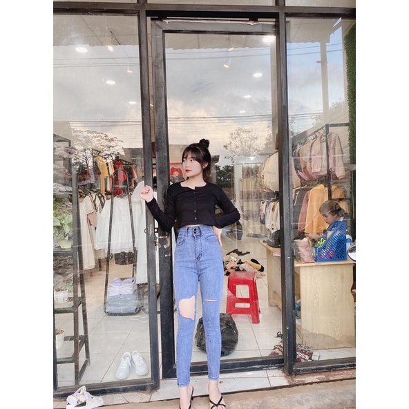 Set Jean dài lưng cao rách ô + crop gân tay dài