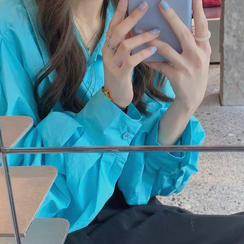 Áo Sơ Mi Tay Phồng Xanh Dương