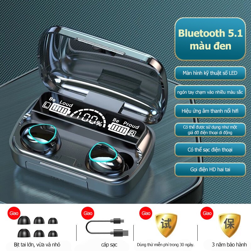 Tai nghe Bluetooth TWS 5.1 Hộp sạc Tai nghe không dây 9D Âm thanh nổi thể thao chống nước với micrô