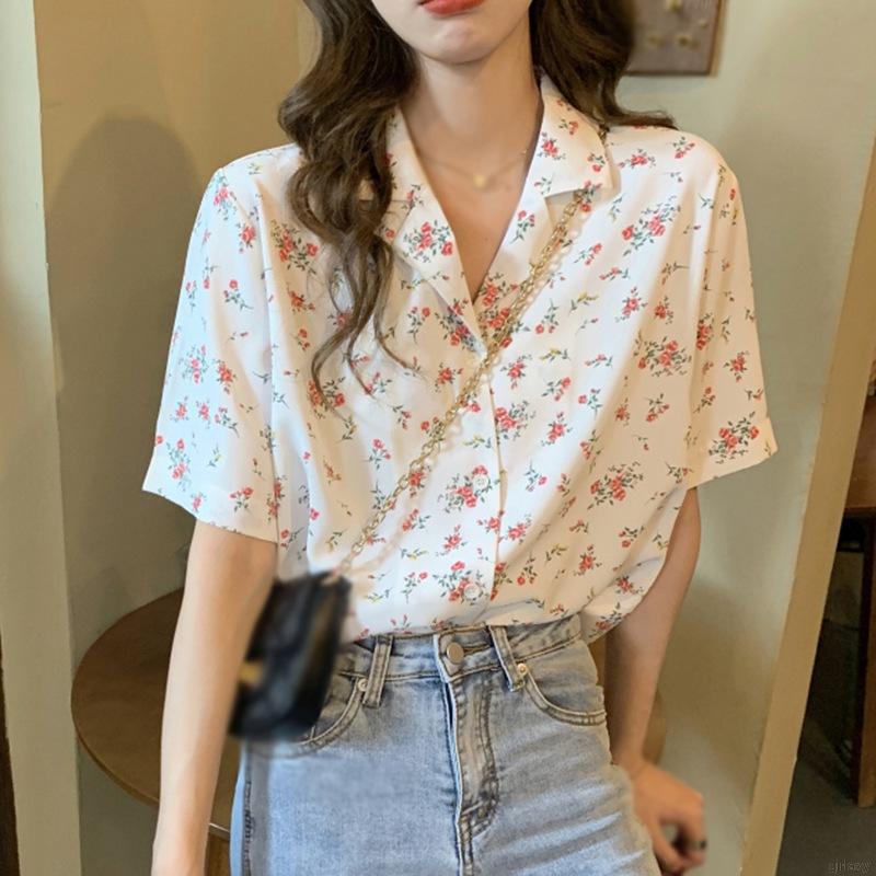 Áo Sơ Mi Nữ Tay Ngắn Họa Tiết Hoa Phong Cách Retro Hàn Quốc