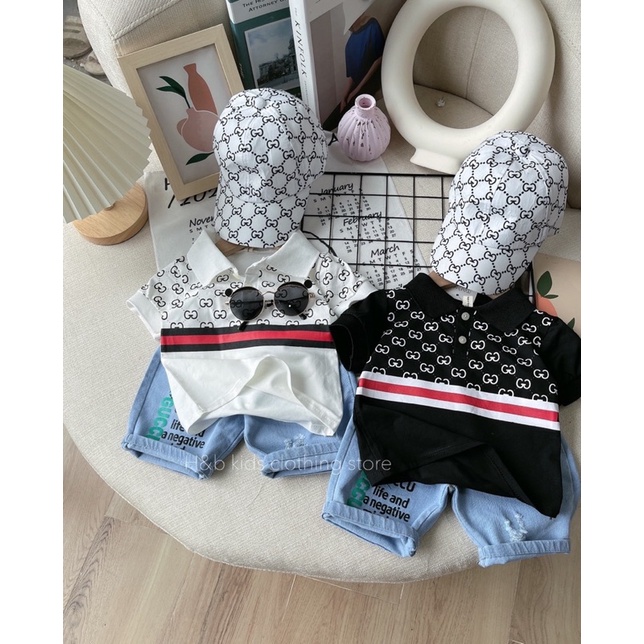 Set bộ gồm 3 món áo polo quần jean và nón cực xinh cho bé trai