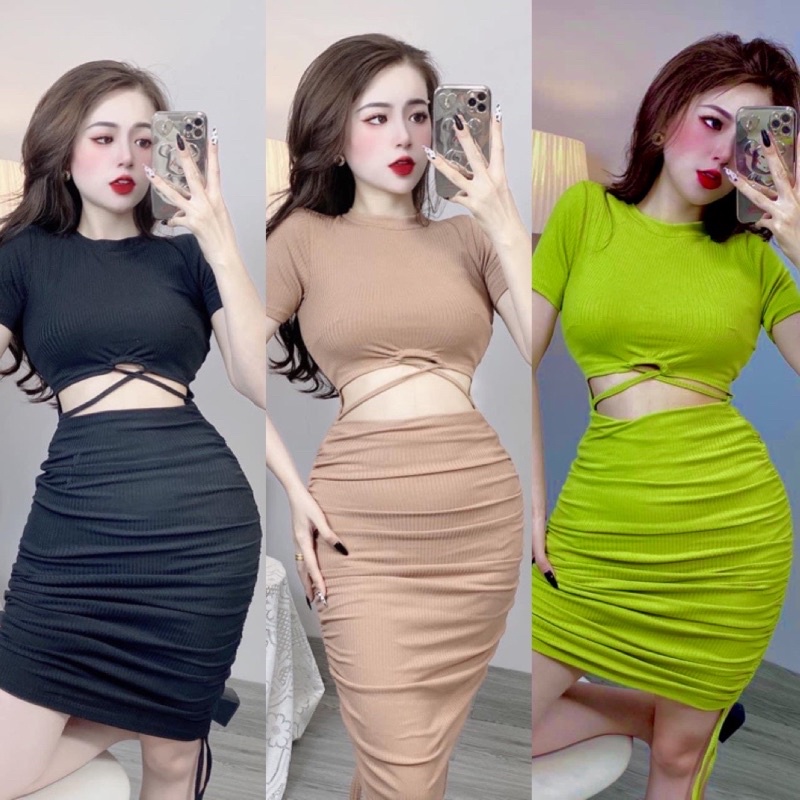 Đầm body hở eo rút dây 2 bên