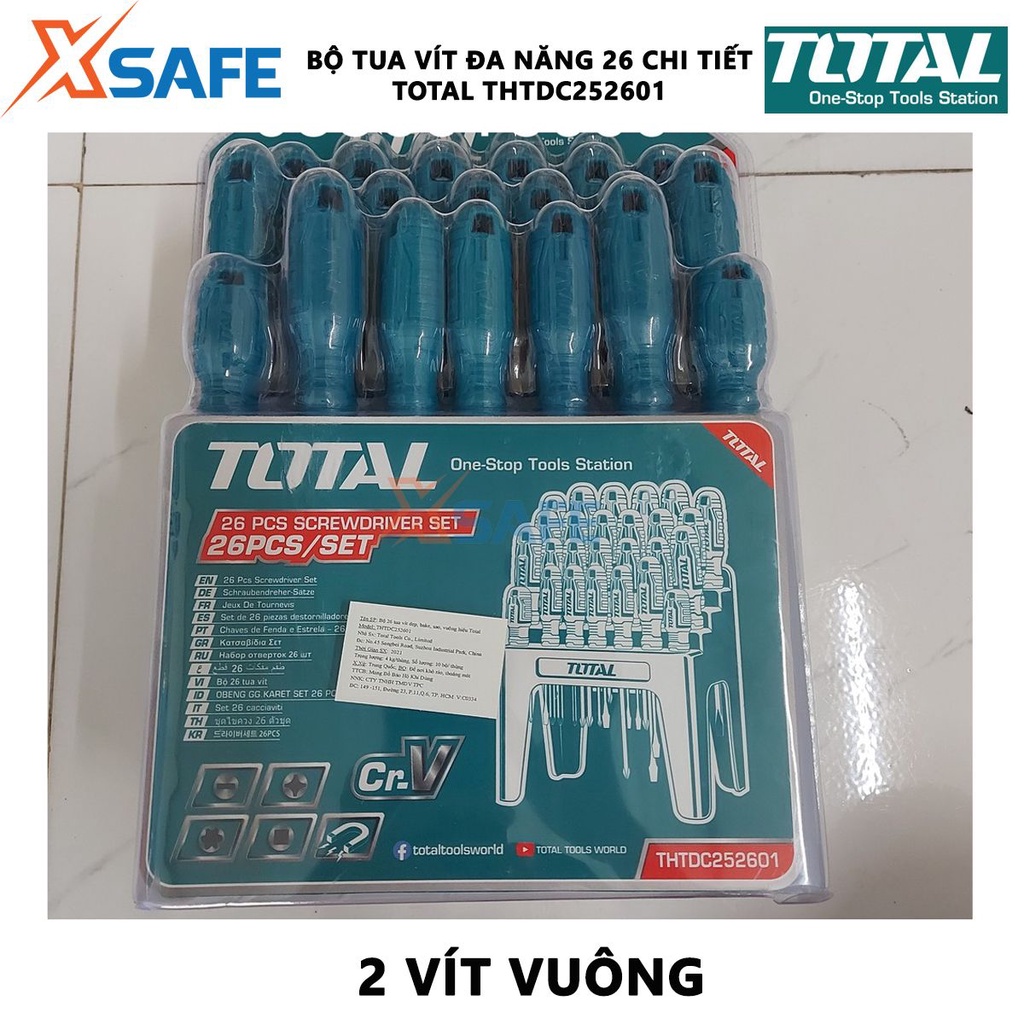 Bộ tuốc nơ vít đa năng 26 chi tiết TOTAL THTDC252601 | Bộ 26 tua vít dẹp, bake, sao và tua vít vuông chất liệu thép