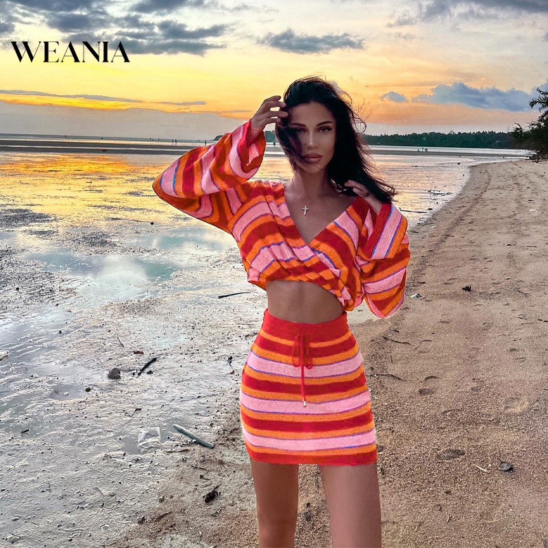 Bộ Áo Sweater Dệt Kim Kẻ Sọc Phối Chân Váy 2 Món Thời Trang Cho Nữ