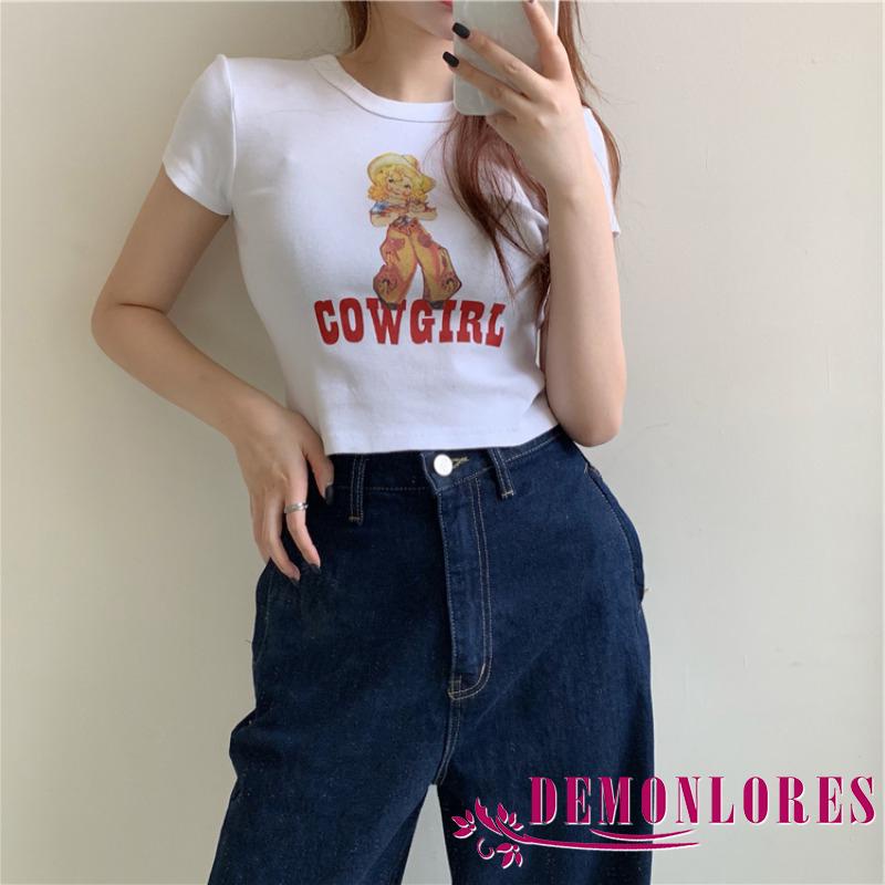 Áo thun ngắn tay cổ tròn dáng ôm in họa tiết chữ thời trang hè thu gợi cảm dành cho nữ