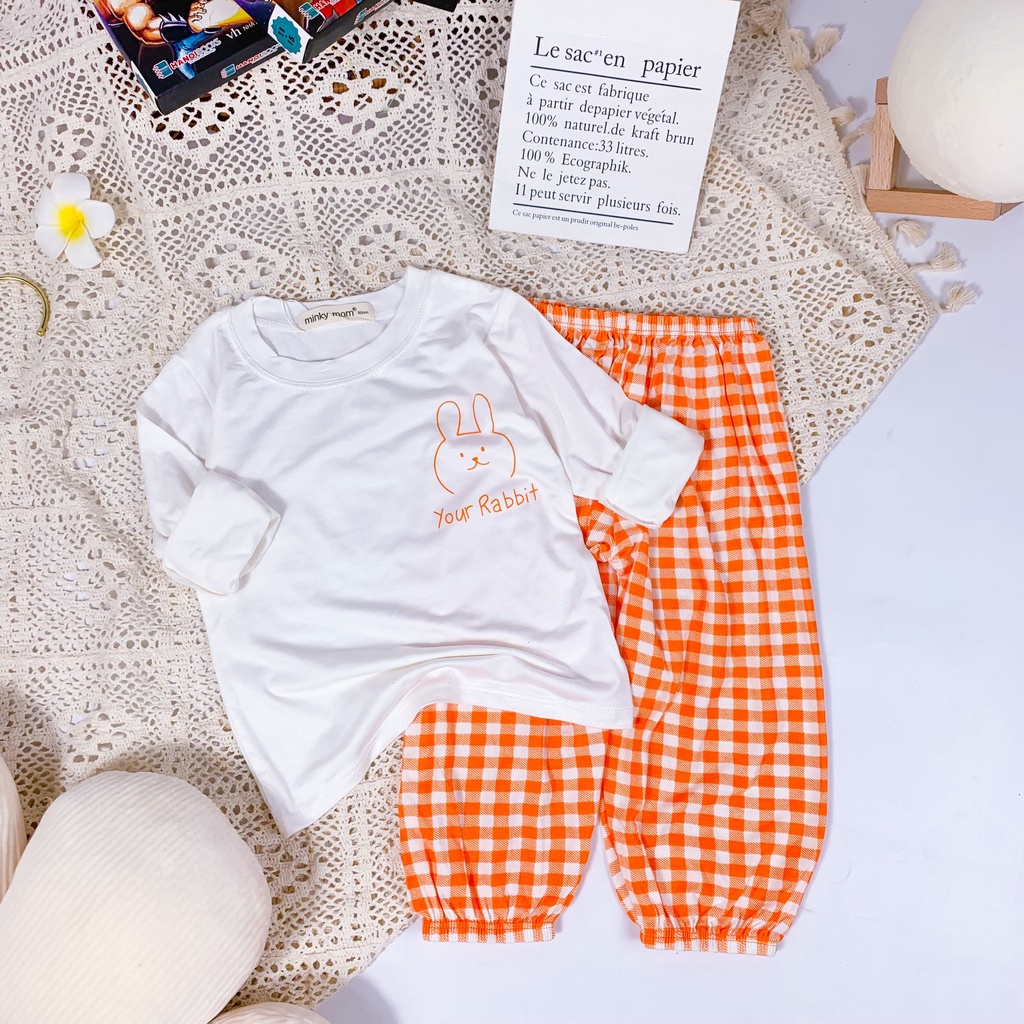[ Bé 7-19kg] Bộ Dài Tay Thun Lạnh Áo Trắng Quần caro alibaba- Hàng Chuẩn Loại 1 MINKY MOM bé gái từ 7-19kg