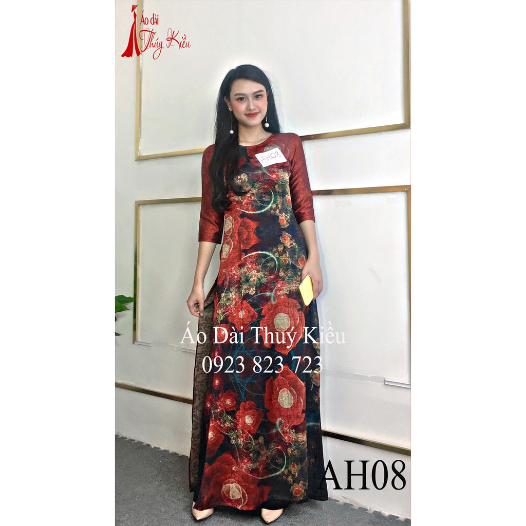 Áo dài Đông Hưng gân chìm in hoa xanh đỏ AH08