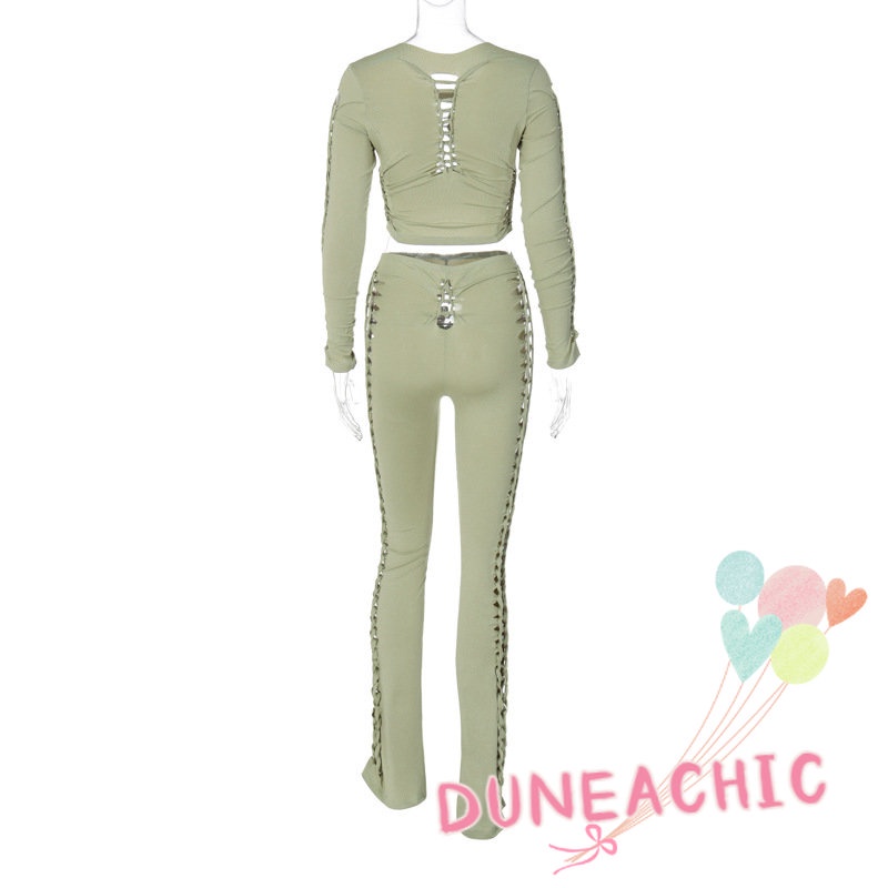 DUNEA Set Áo Thun Tay Dài 2 Dây + Quần Dài Lưng Cao Thiết Kế Quyến Rũ Cho Phái Nữ