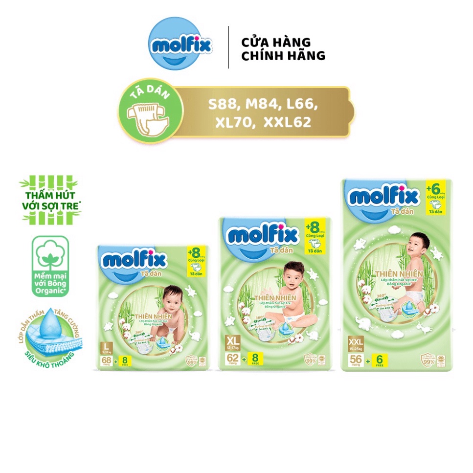 Tã/bỉm dán Molfix Thiên nhiên Super Jumbo M76/L68/XL62/XXL56(Hàng tặng kèm tùy thời điểm khuyến mãi)