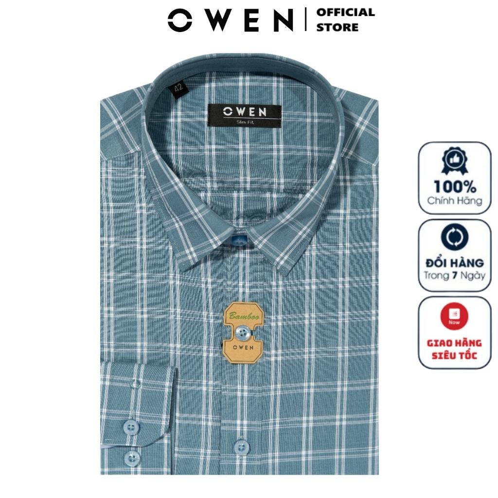 Áo Sơ Mi Nam Dài Tay OWEN AS220951D Somi Công Sở Vải Sợi Tre Cao Cấp Màu Kẻ caro xanh trắng Dáng Slim Fit Tà Lượn