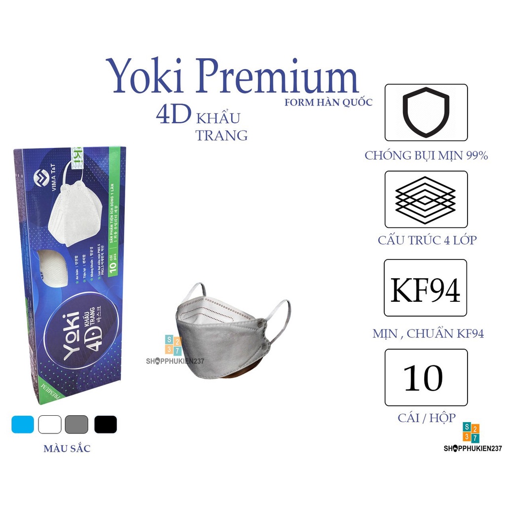 Khẩu Trang 4D Yoki Premium KF94 Hàng 4 Lớp Cao Cấp - Chính hãng công ty (người lớn hộp 10 cái - Trẻ em bịch 6 cái)