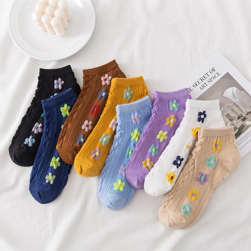 Combo 5 Tất nữ cổ ngắn viền hoa vân nổi phong cách hàn quốc