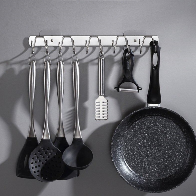 Thanh Móc Treo Đồ Dán Tường Nhà Tắm Nhà Bếp Đa Năng Loại Inox 10 Móc