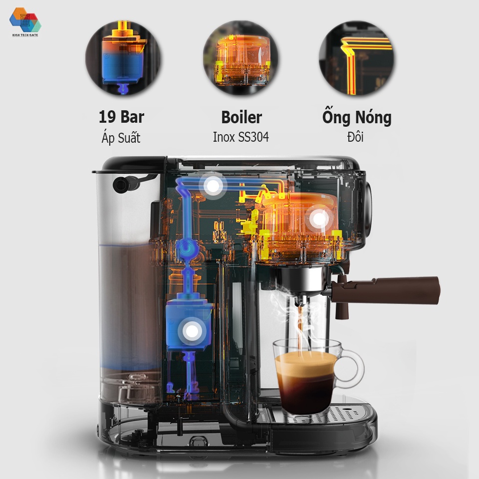 máy pha cafe Hibrew H8A tự động đánh sữa pha Cappuccino hay Latte, áp suất 19 bar mạnh mẽ, kiểm soát nhiệt NTC chuẩn xác