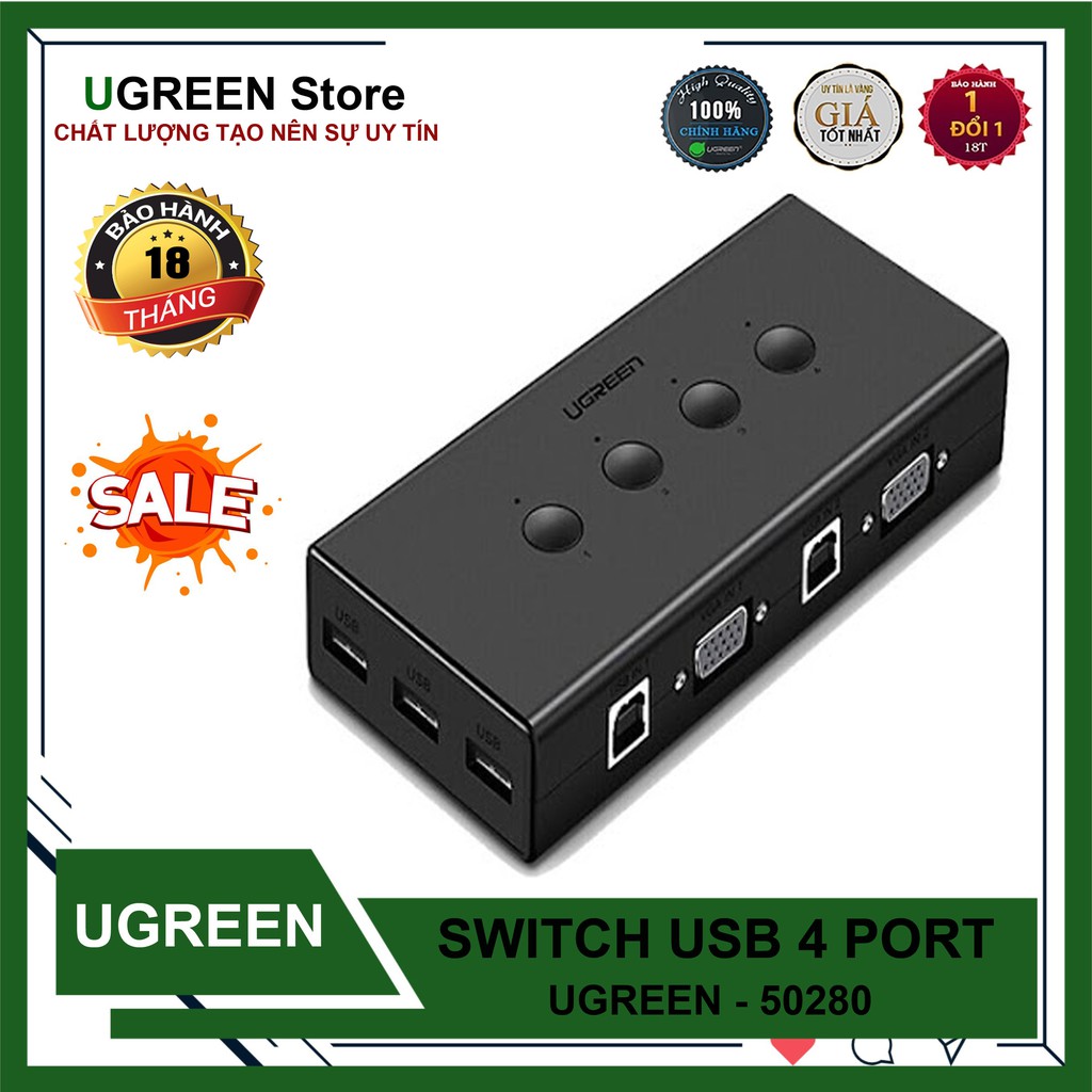 KVM Switch - Bộ Chuyển VGA 4 máy tính dùng 1 màn hình Ugreen 50280 Chính hãng