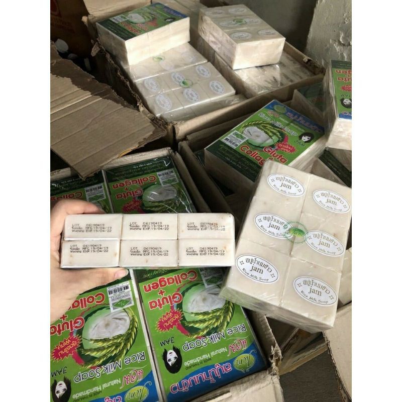 LỐC 12 BÁNH Xà Phòng Kích Trắng Cám Gạo Thái Lan Jam Rice Milk Soap mẫu mới nhất ( vuông)
